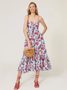 A.L.C. Blue Midi Dress with Red Floral Print